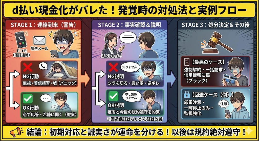 d払い現金化がドコモに発覚した場合の対処法と実例