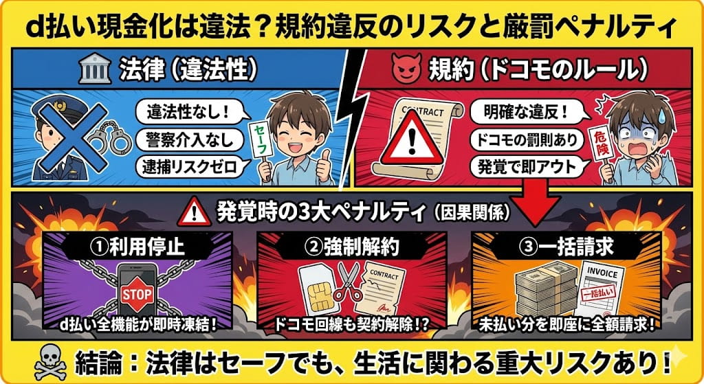 d払い現金化は違法?規約違反のリスクとペナルティ